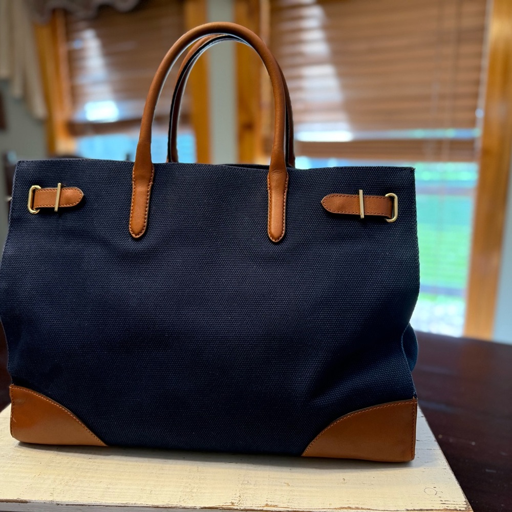 Ralph Lauren Navy and Tan Tote Bag with leather handles and bottom
